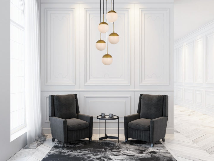 5 Lights Brass Pendant With Frosted White Glass