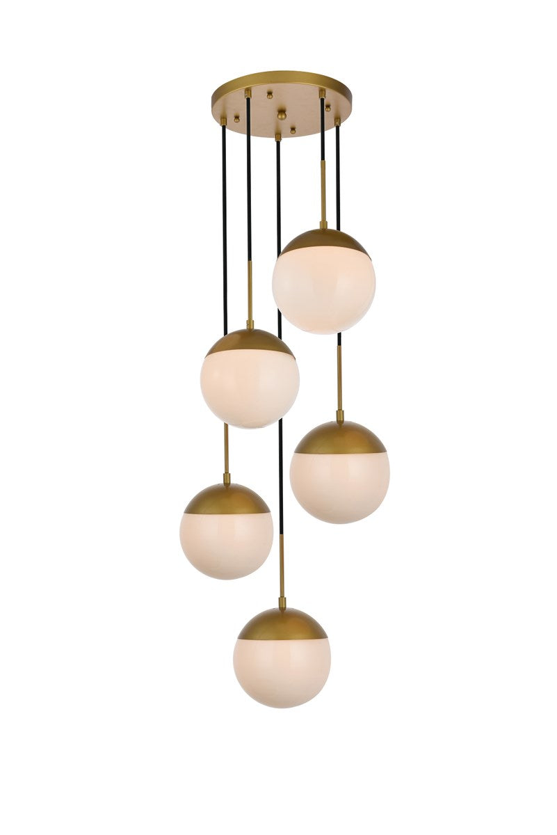5 Lights Brass Pendant With Frosted White Glass