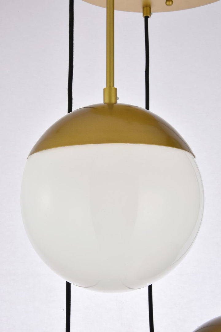 5 Lights Brass Pendant With Frosted White Glass