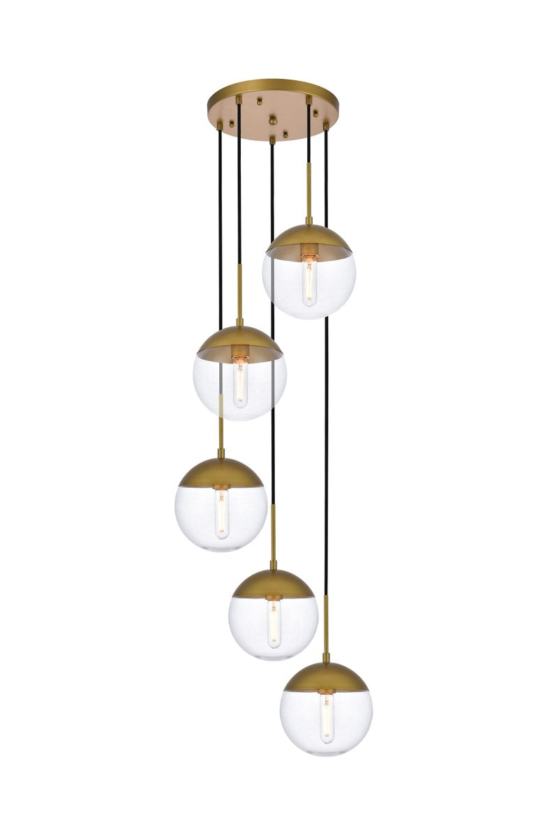 5 Lights Brass Pendant With Clear Glass by Living District