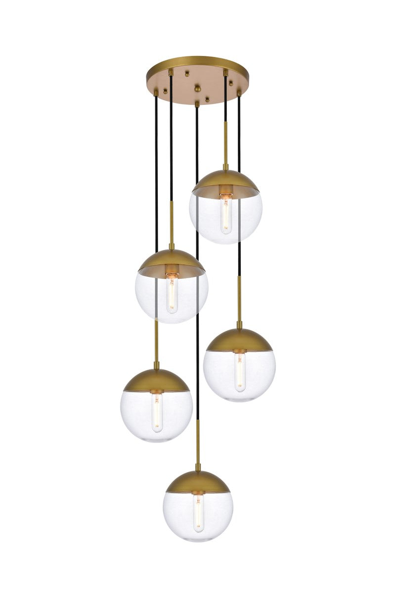 5 Lights Brass Pendant With Clear Glass