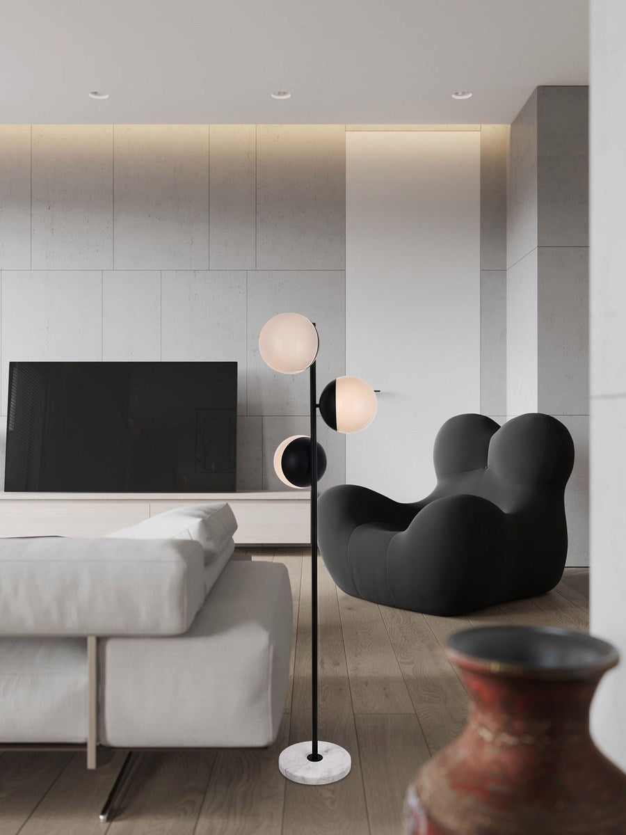 3 Lights Black Floor Lamp With Frosted White Glass