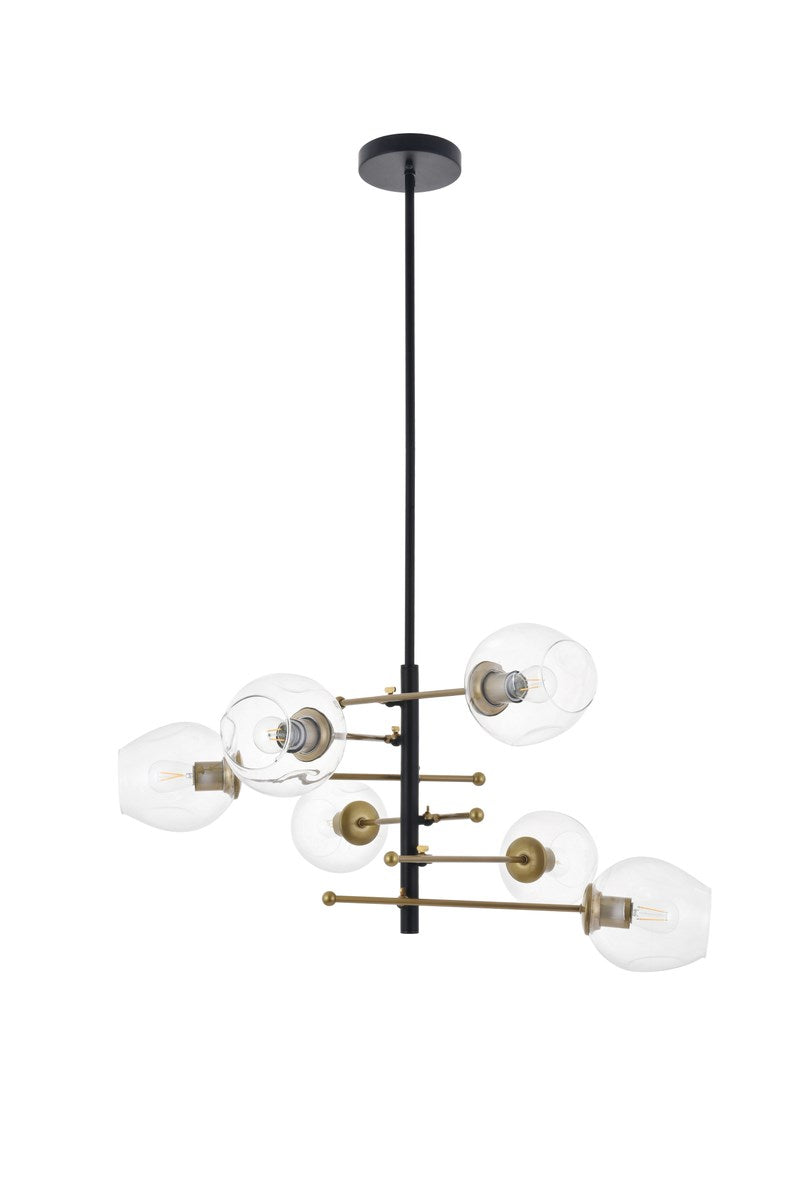6 Light Matte Black And Brass Pendant
