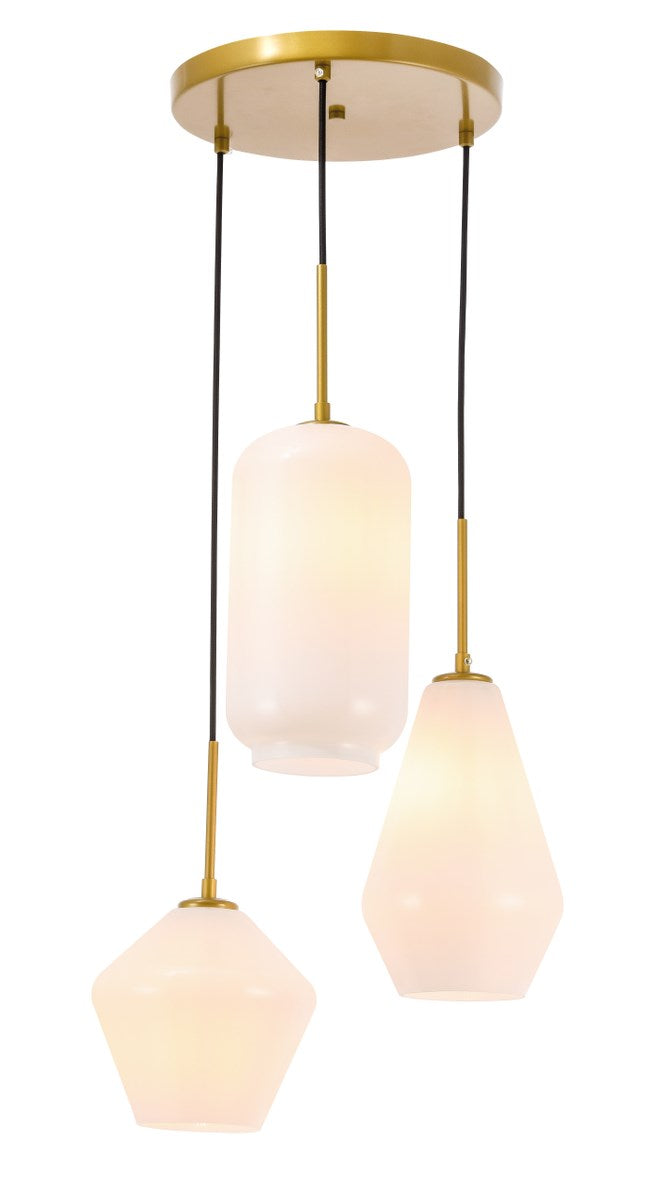 3 Light Brass And Frosted White Glass Pendant