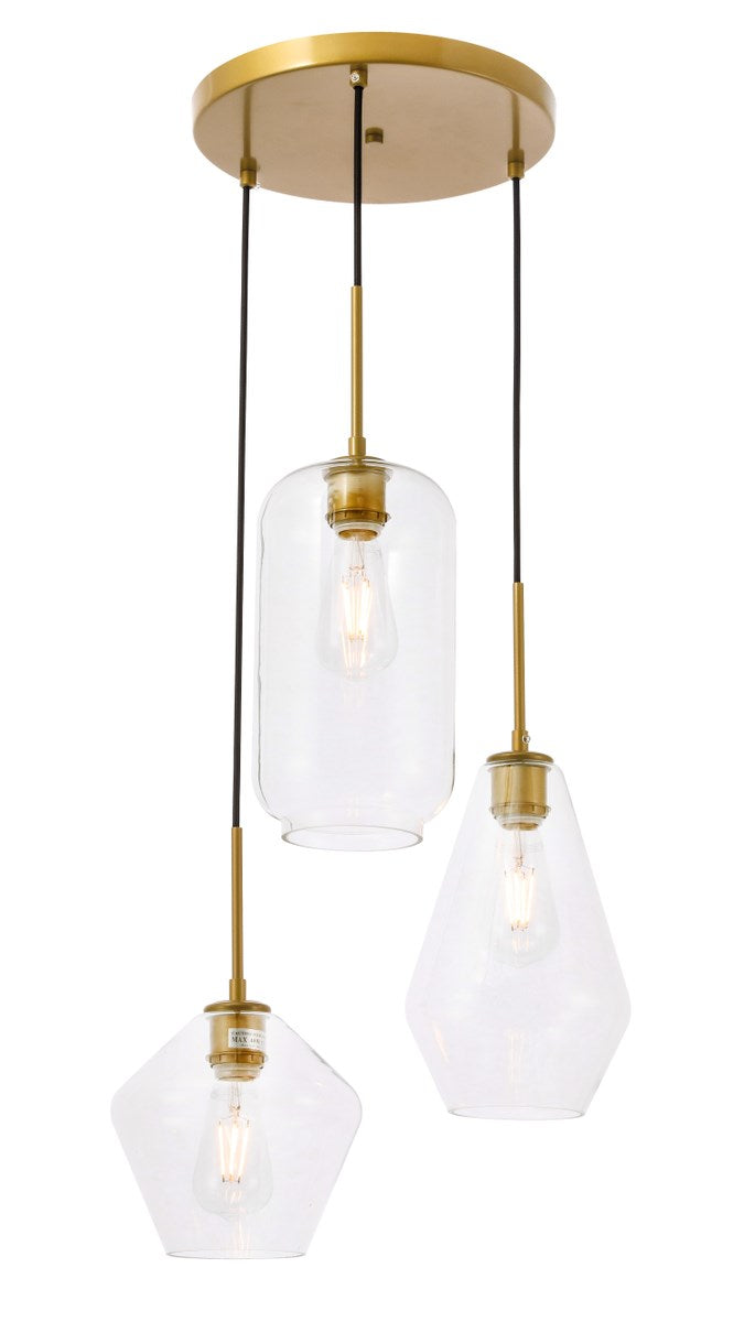 3 Light Brass And Clear Glass Pendant by Living District