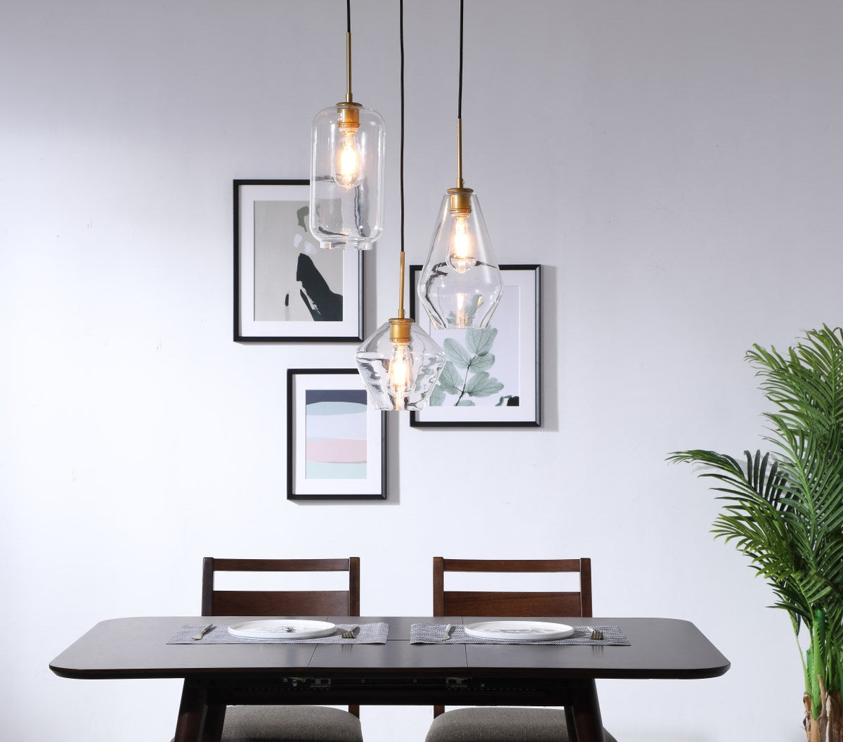 3 Light Brass And Clear Glass Pendant