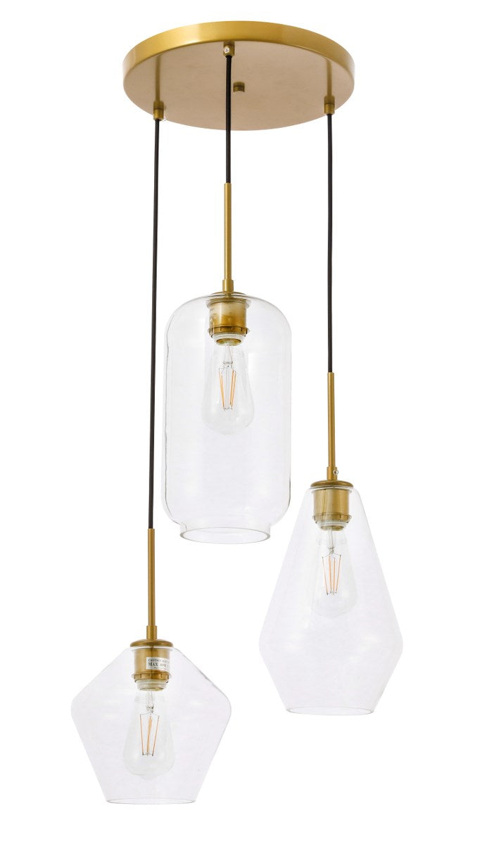 3 Light Brass And Clear Glass Pendant