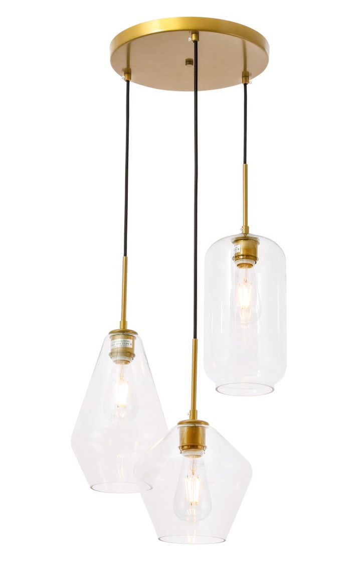 3 Light Brass And Clear Glass Pendant