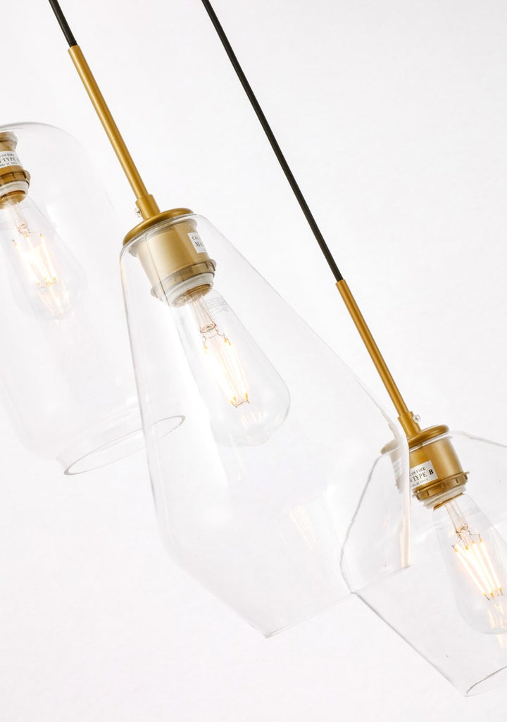 3 Light Brass And Clear Glass Pendant