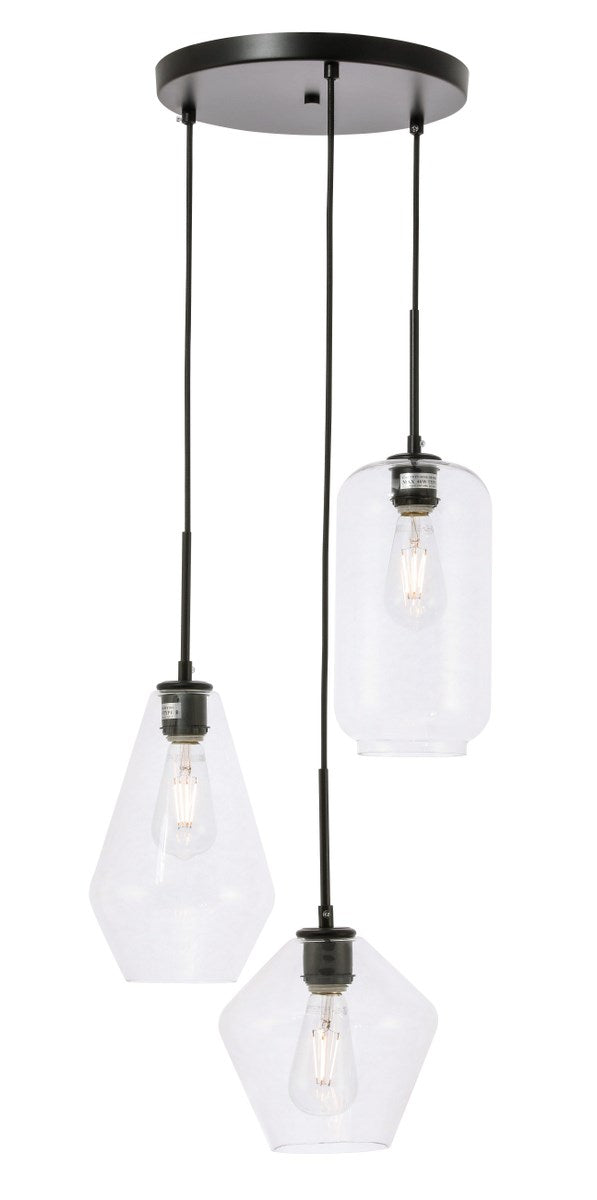 3 Light Black And Clear Glass Pendant by Living District