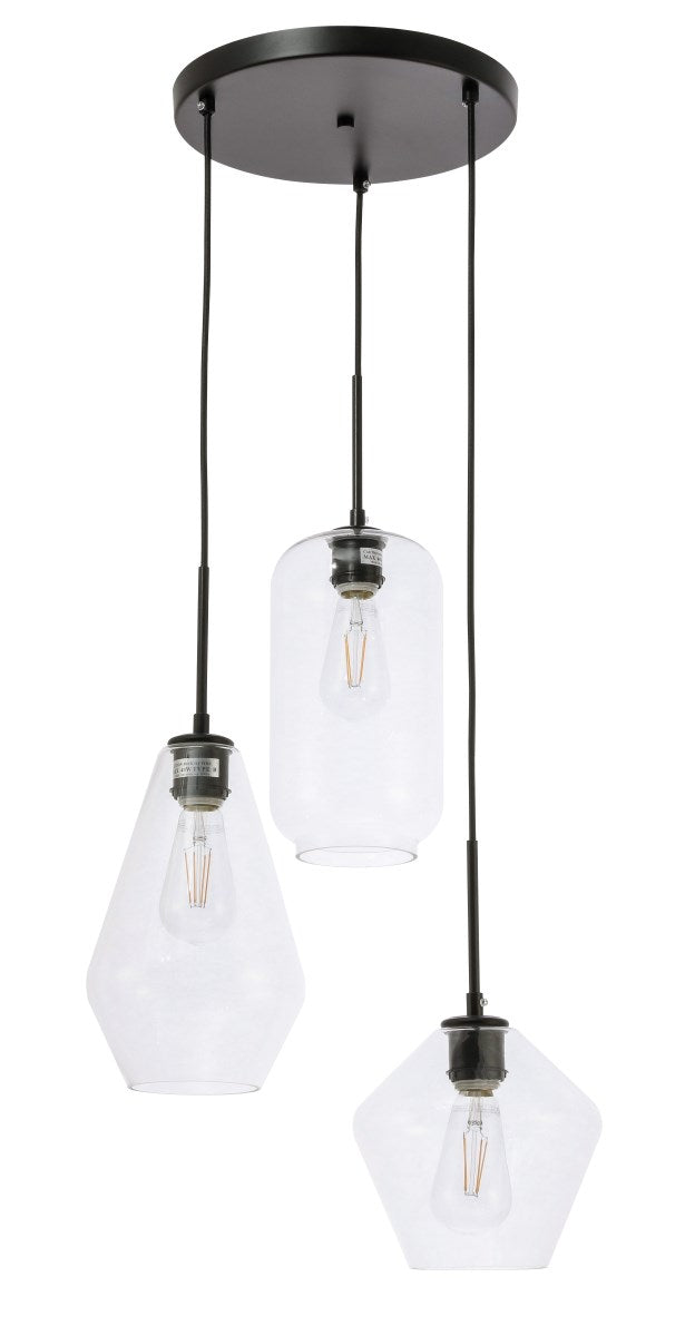 3 Light Black And Clear Glass Pendant