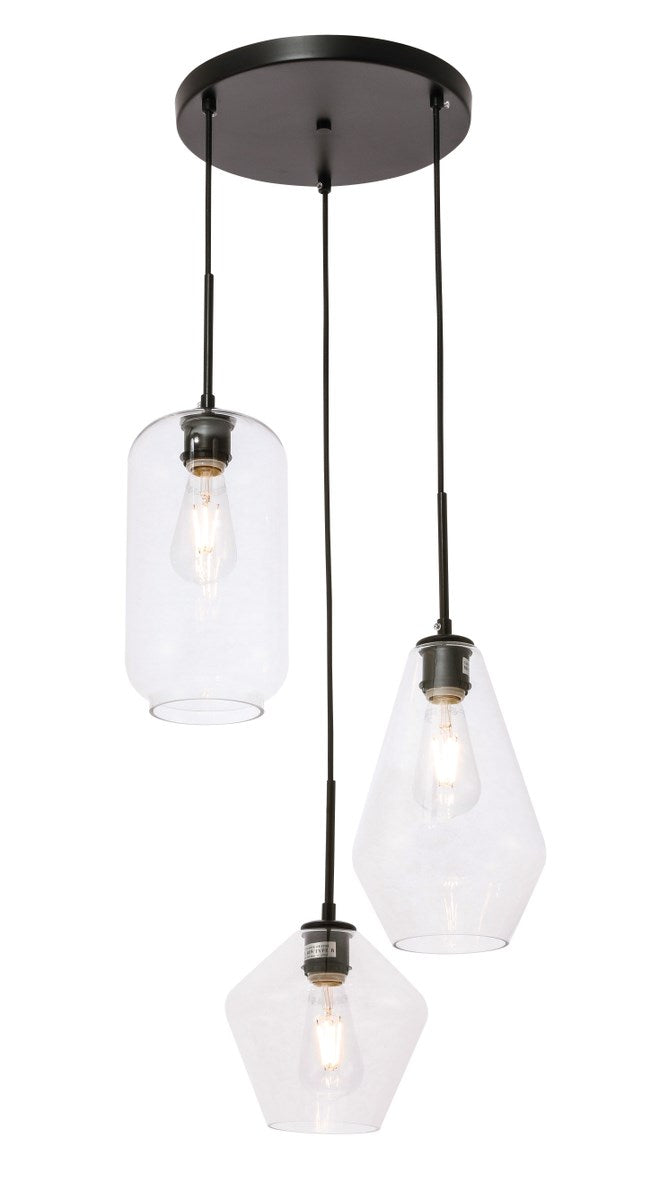 3 Light Black And Clear Glass Pendant