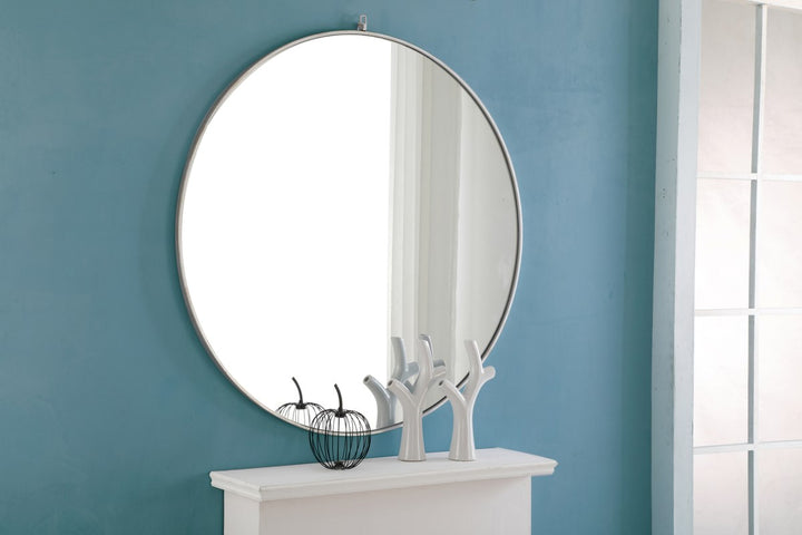 Metal Frame Round Mirror With Decorative Hook 48 Inch Silver Finish