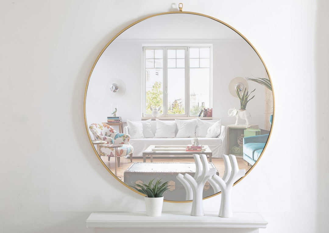 Metal Frame Round Mirror With Decorative Hook 48 Inch Brass Finish