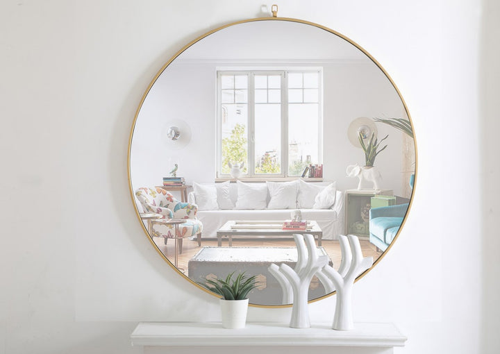 Metal Frame Round Mirror With Decorative Hook 48 Inch Brass Finish