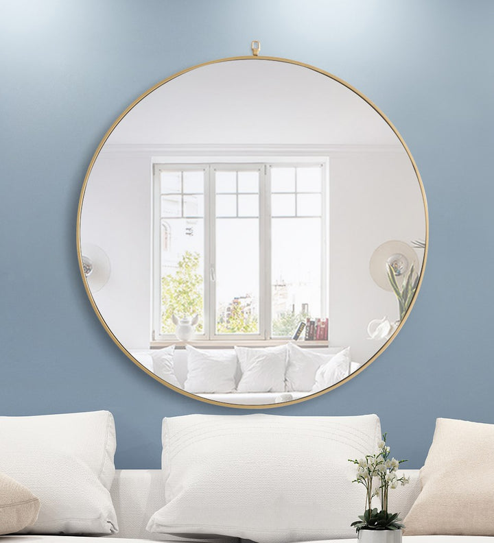 Metal Frame Round Mirror With Decorative Hook 48 Inch Brass Finish