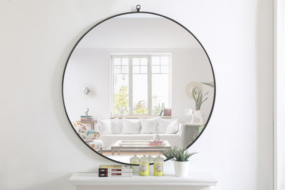 Metal Frame Round Mirror With Decorative Hook 48 Inch Black Finish
