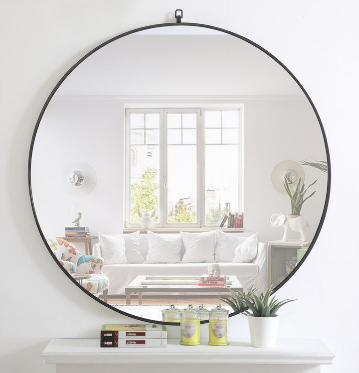 Metal Frame Round Mirror With Decorative Hook 48 Inch Black Finish