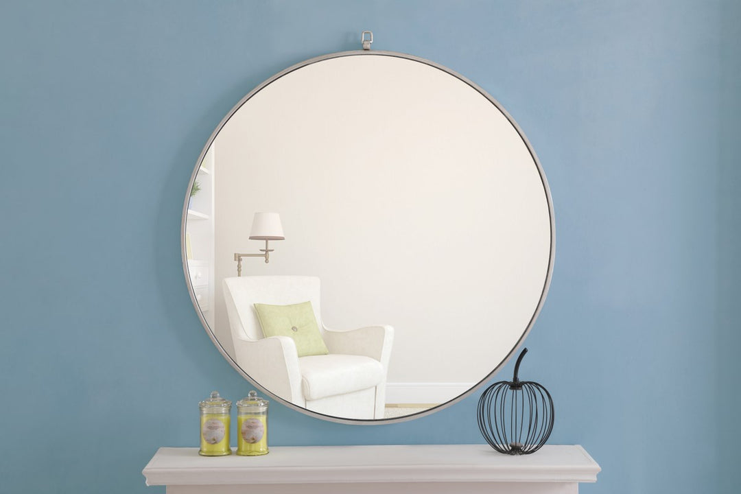 Metal Frame Round Mirror With Decorative Hook 42 Inch Silver Finish