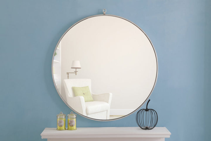 Metal Frame Round Mirror With Decorative Hook 42 Inch Silver Finish