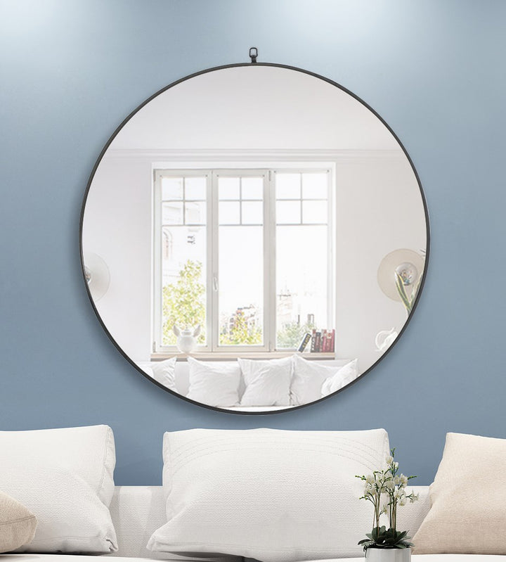 Metal Frame Round Mirror With Decorative Hook 42 Inch Black Finish