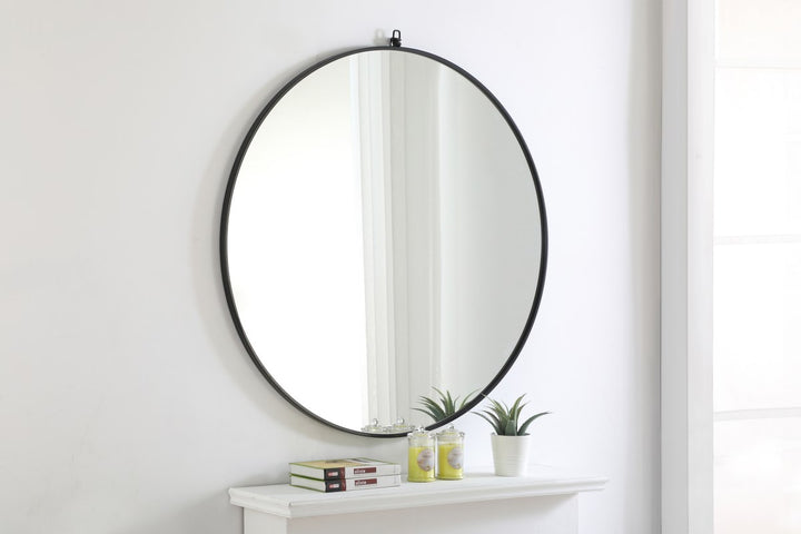 Metal Frame Round Mirror With Decorative Hook 42 Inch Black Finish