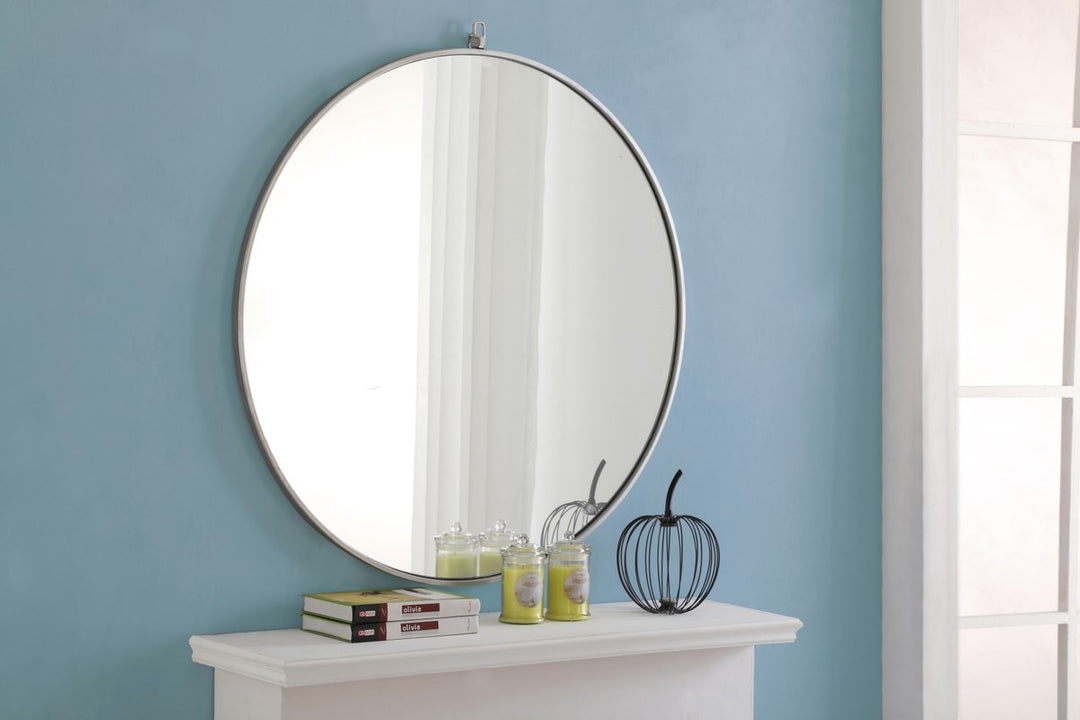 Metal Frame Round Mirror With Decorative Hook 36 Inch Silver Finish