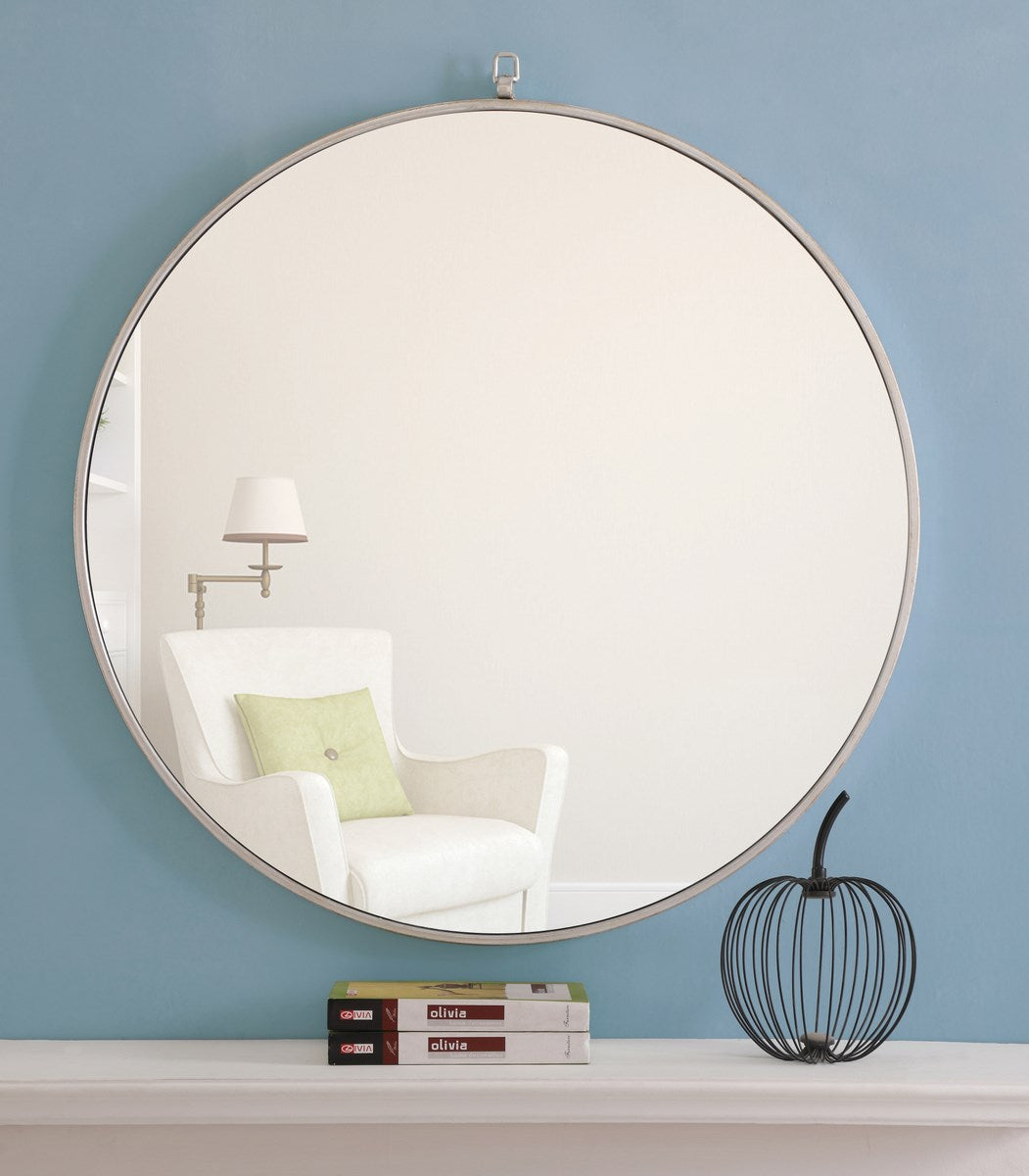 Metal Frame Round Mirror With Decorative Hook 32 Inch Silver Finish