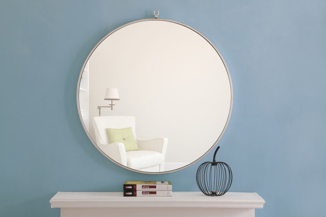 Metal Frame Round Mirror With Decorative Hook 32 Inch Silver Finish