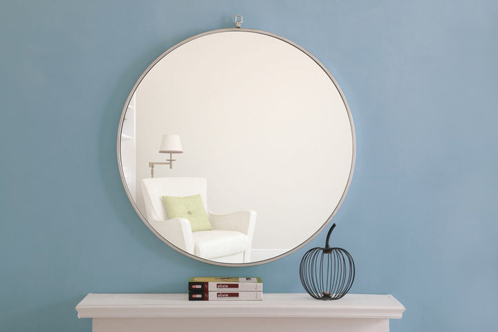 Metal Frame Round Mirror With Decorative Hook 32 Inch Silver Finish