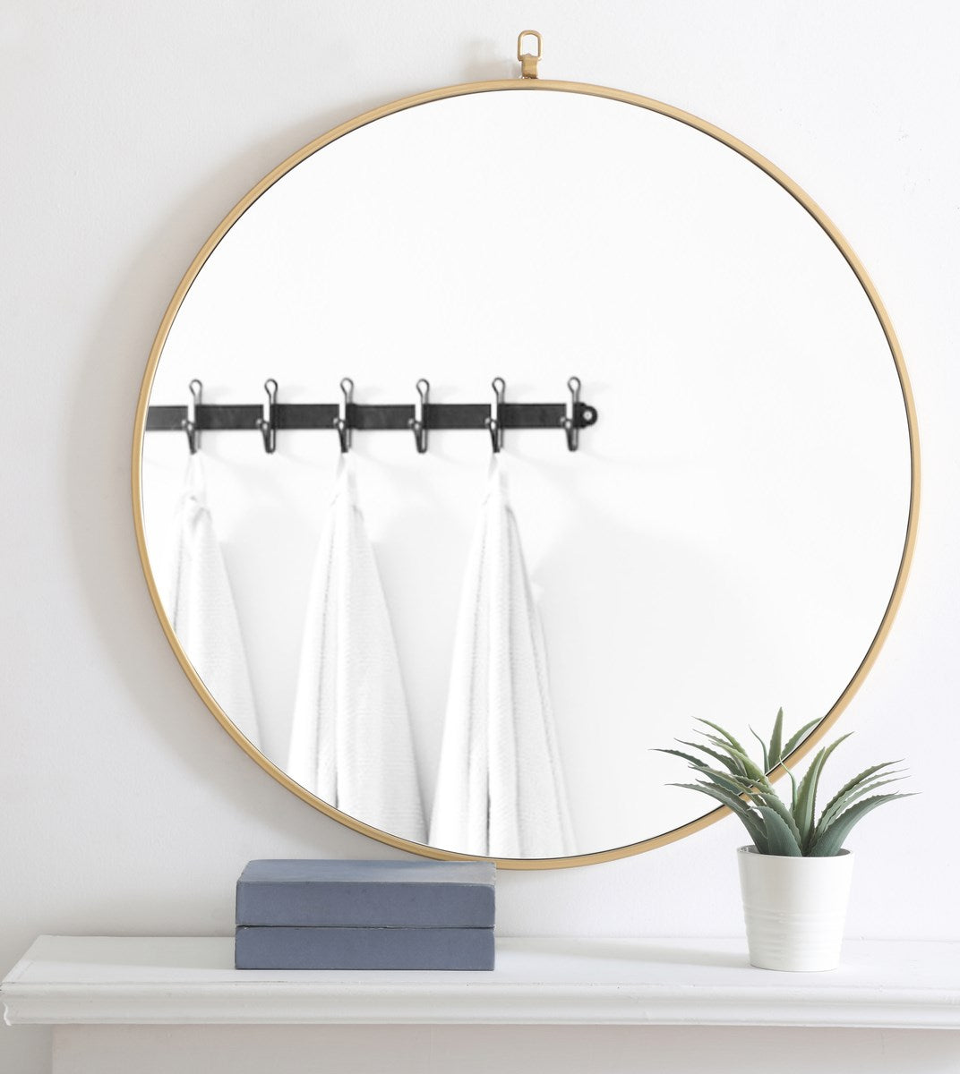 Metal Frame Round Mirror With Decorative Hook 32 Inch Brass Finish