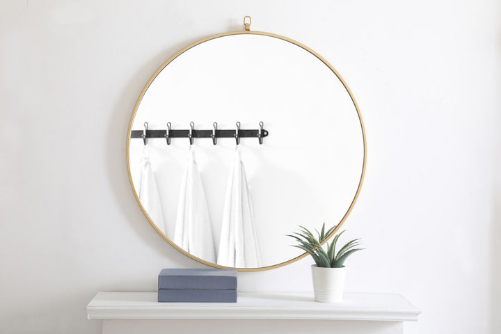Metal Frame Round Mirror With Decorative Hook 32 Inch Brass Finish