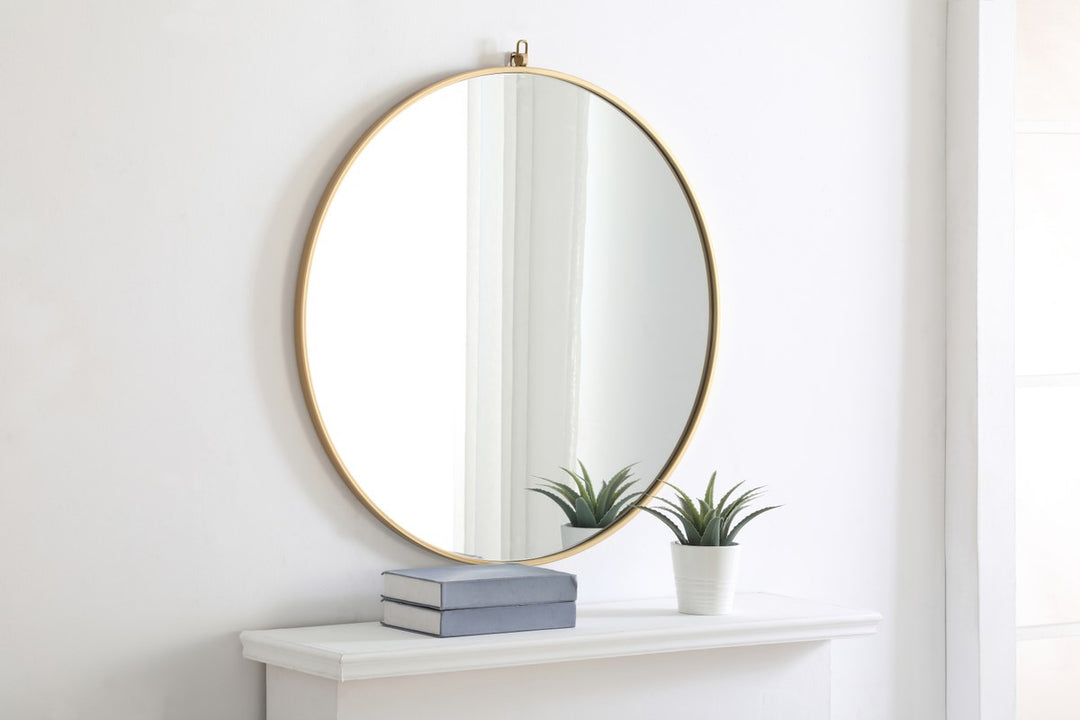 Metal Frame Round Mirror With Decorative Hook 32 Inch Brass Finish