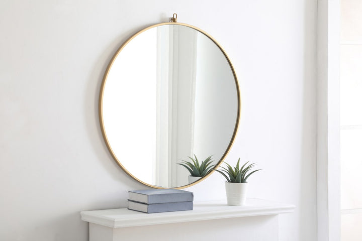 Metal Frame Round Mirror With Decorative Hook 32 Inch Brass Finish