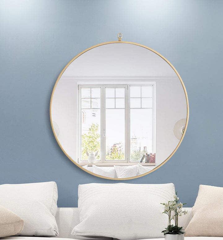 Metal Frame Round Mirror With Decorative Hook 32 Inch Brass Finish