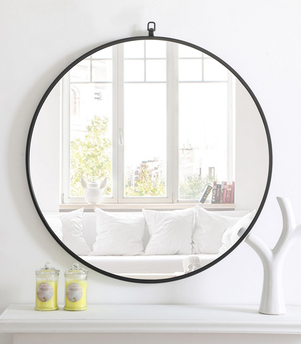 Metal Frame Round Mirror With Decorative Hook 32 Inch Black Finish