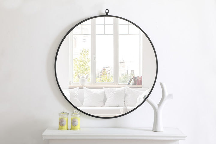 Metal Frame Round Mirror With Decorative Hook 32 Inch Black Finish