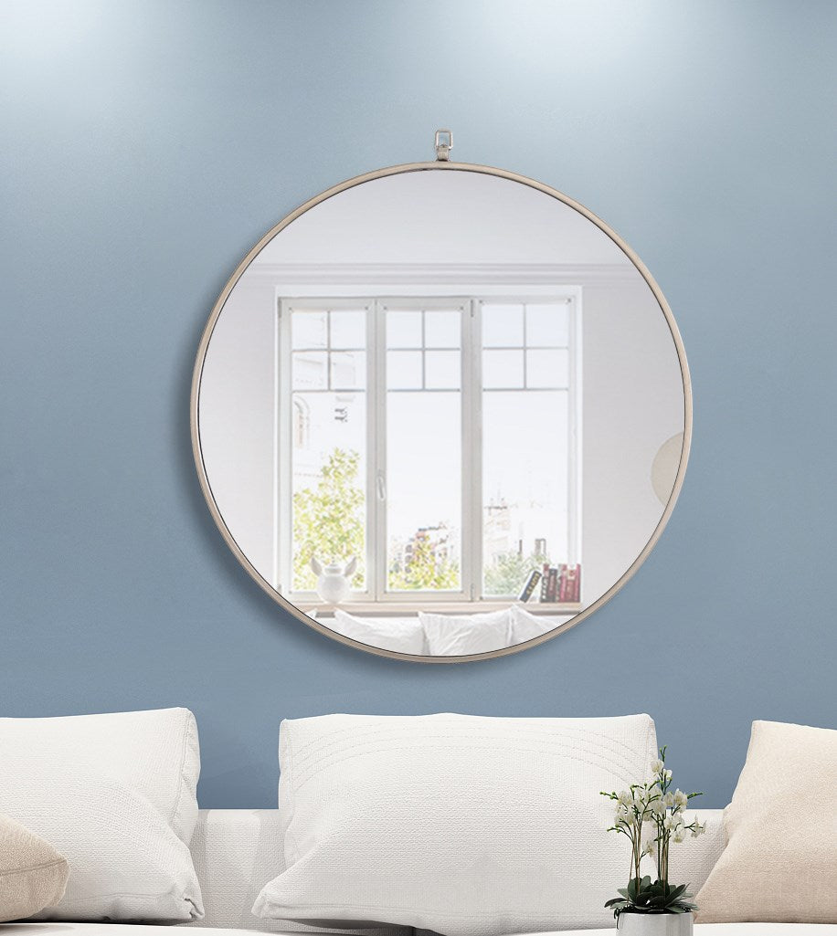 Metal Frame Round Mirror With Decorative Hook 28 Inch Silver Finish