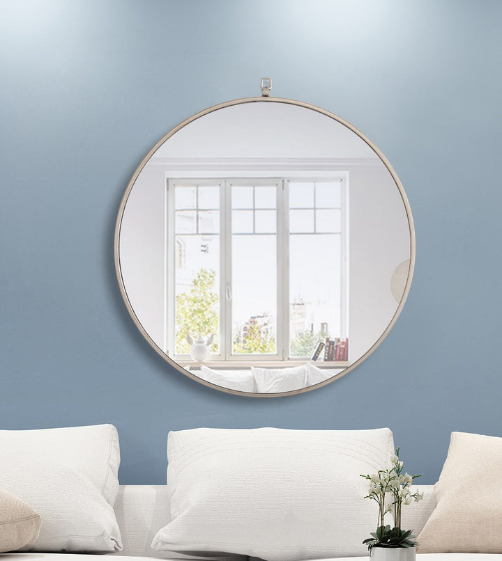 Metal Frame Round Mirror With Decorative Hook 28 Inch Silver Finish