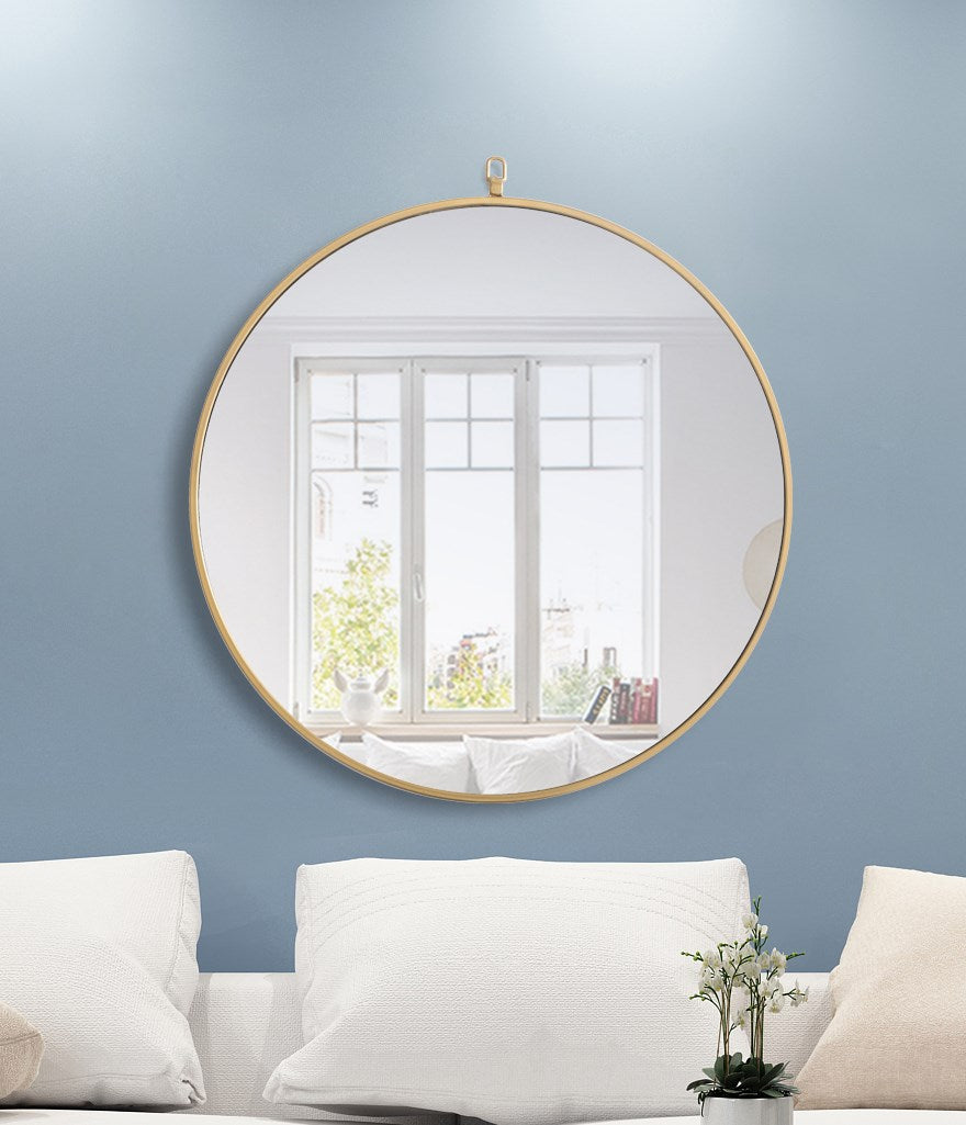 Metal Frame Round Mirror With Decorative Hook 28 Inch Brass Finish