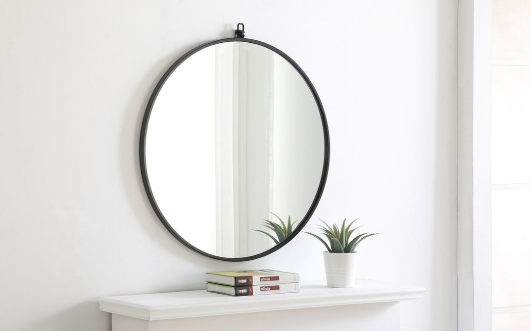 Metal Frame Round Mirror With Decorative Hook 28 Inch Black Finish