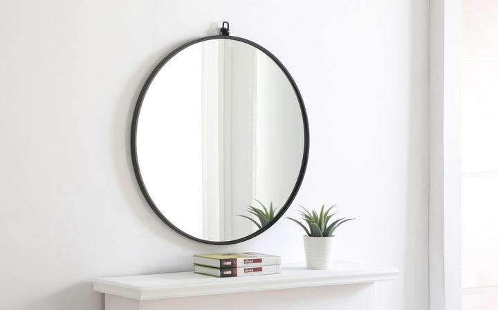 Metal Frame Round Mirror With Decorative Hook 28 Inch Black Finish
