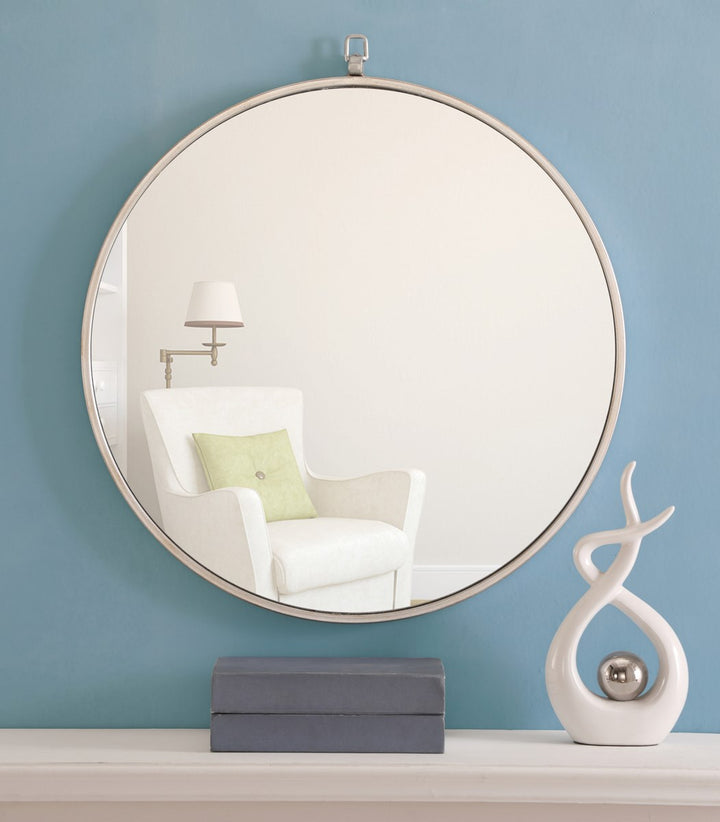 Metal Frame Round Mirror With Decorative Hook 24 Inch Silver Finish