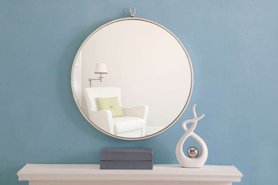 Metal Frame Round Mirror With Decorative Hook 24 Inch Silver Finish