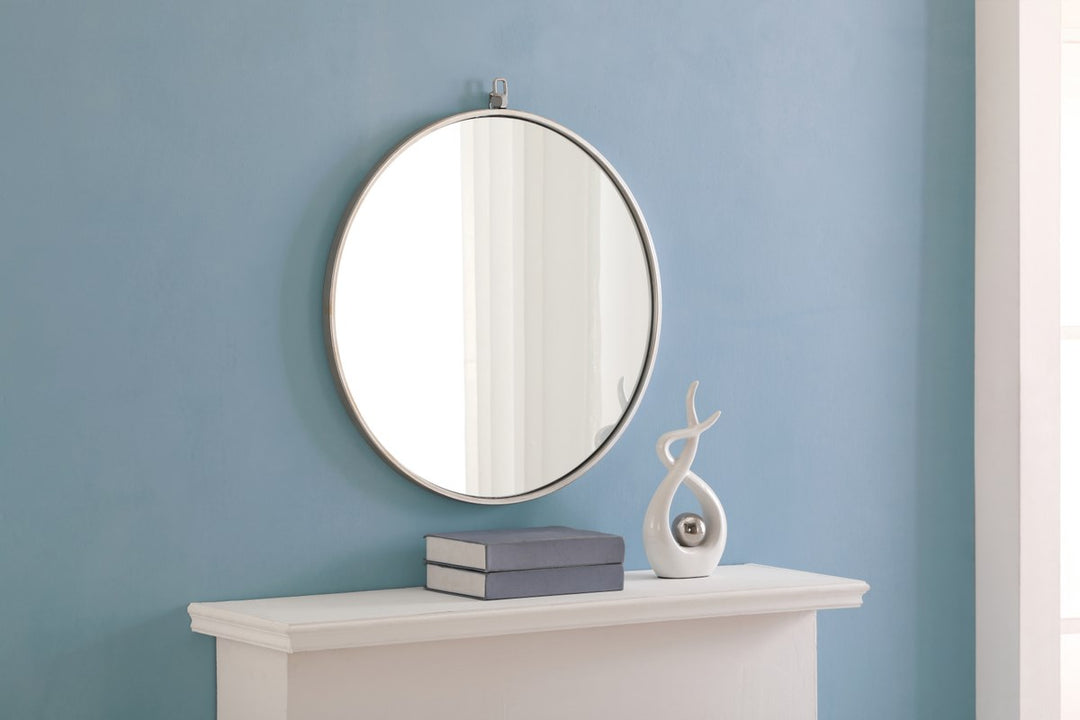 Metal Frame Round Mirror With Decorative Hook 24 Inch Silver Finish