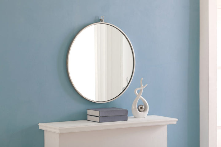 Metal Frame Round Mirror With Decorative Hook 24 Inch Silver Finish