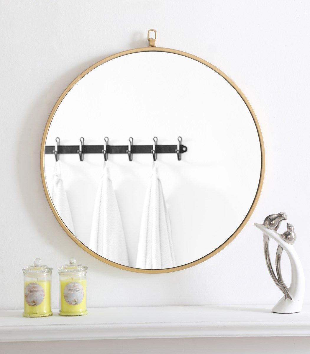 Metal Frame Round Mirror With Decorative Hook 24 Inch Brass Finish