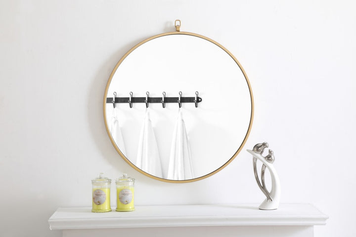 Metal Frame Round Mirror With Decorative Hook 24 Inch Brass Finish