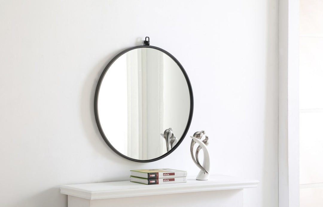 Metal Frame Round Mirror With Decorative Hook 24 Inch Black Finish