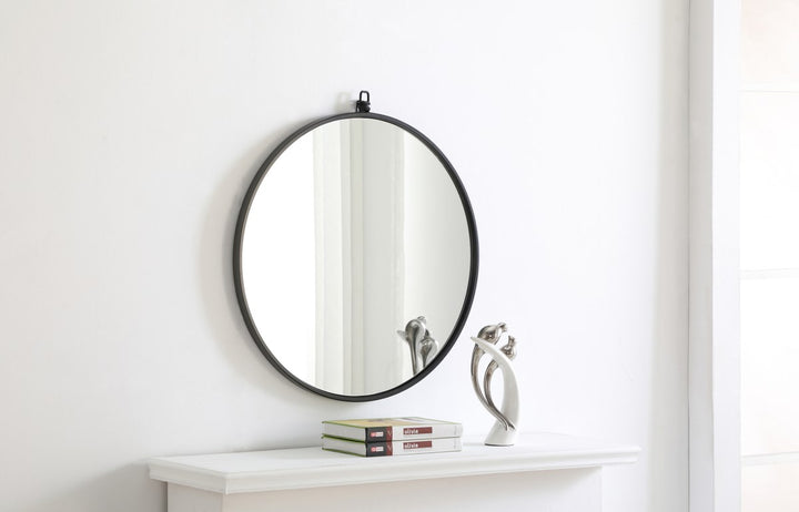 Metal Frame Round Mirror With Decorative Hook 24 Inch Black Finish